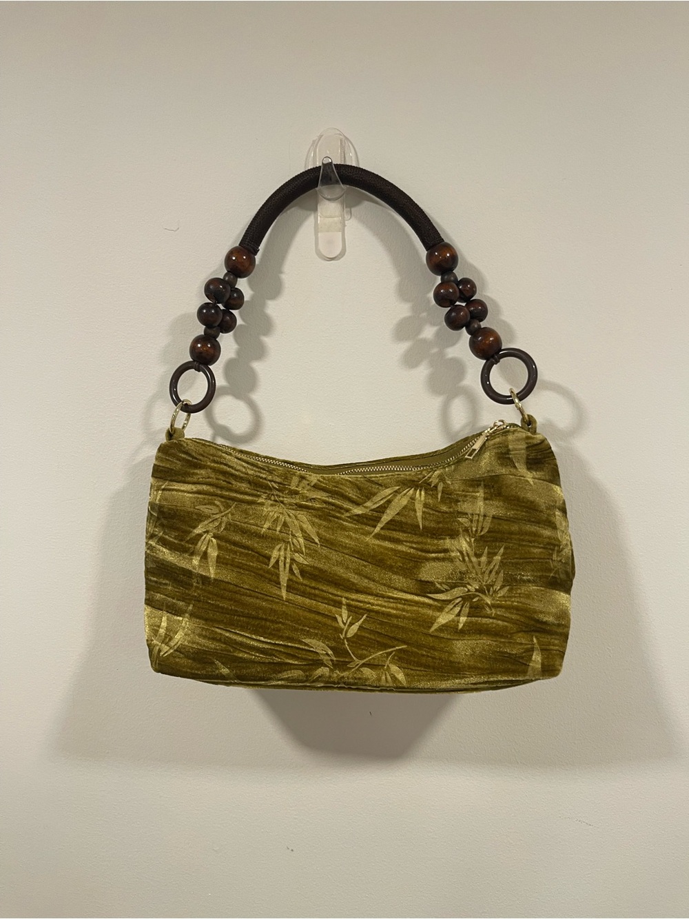 Olive Green Bamboo-Print Shoulder Bag with Beaded Handle